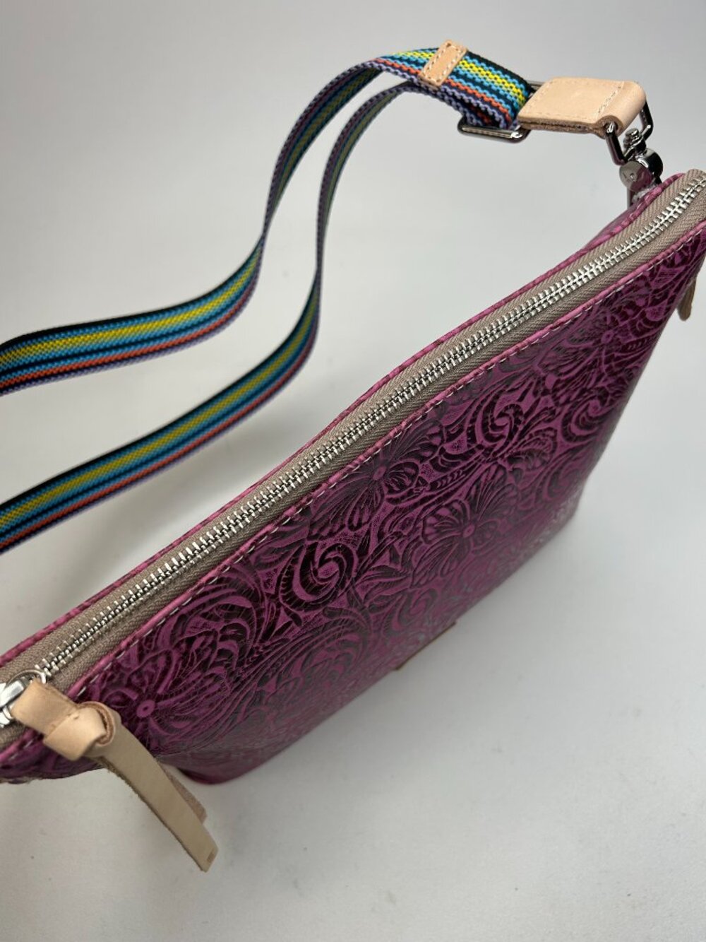 CONSUELA Mena Downtown Women's Fuchsia Tooled Leather Crossbody - Picture 7 of 11